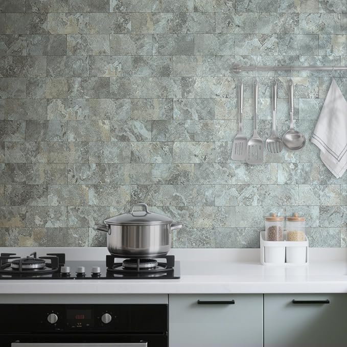 AULIGET 4-Piece Faux Stone Peel and Stick Backsplash Wall Tiles, 3" x 6" Grey & Brown Slate PVC Stick on Tile for Backsplash Kitchen, Bathroom, Laundry Room, Camper, Fireplace