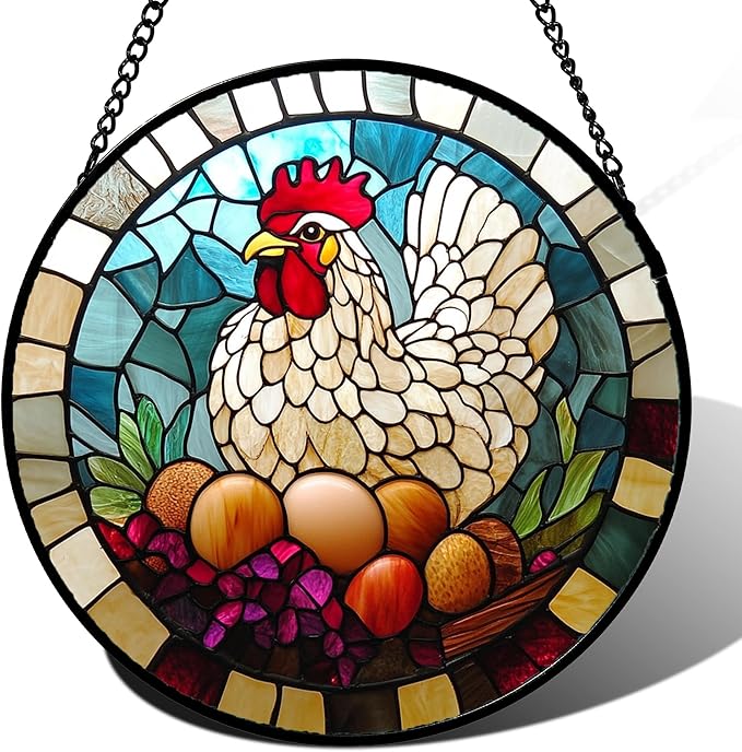 DASTOLL Stained Glass Window Hanging White Chicken Hatching Eggs Large 11.8" - Suncatcher Door Garden Sunroom Sun Catcher Home Decor Birthday Christmas for Mom Men Woman Nana
