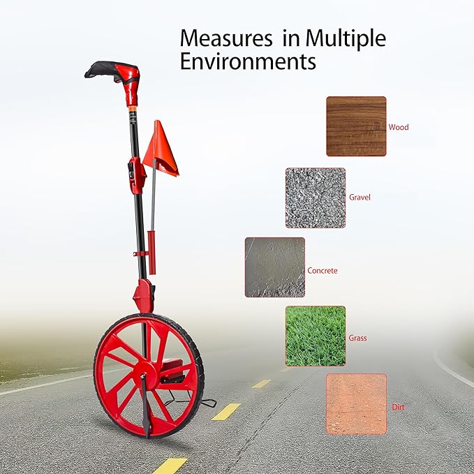XIJIXI Distance Measuring Wheel in feet,Measure Wheel,Collapsible Rolling Measurement Wheel,12.5”Diameter Wheel,With One key to Zero,Upgrade Flag Holder,With 10 Survey Flags(Red）