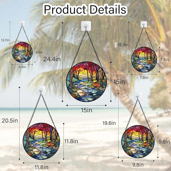 AMDERVEN Stained Glass Window Hanging, Red Tree Abstract Sunset Lake Sun Catcher for Window Home Decor Landscape Suncatcher Mother's Day Birthday Gifts for Women Men Mom and Nana 7.8 in