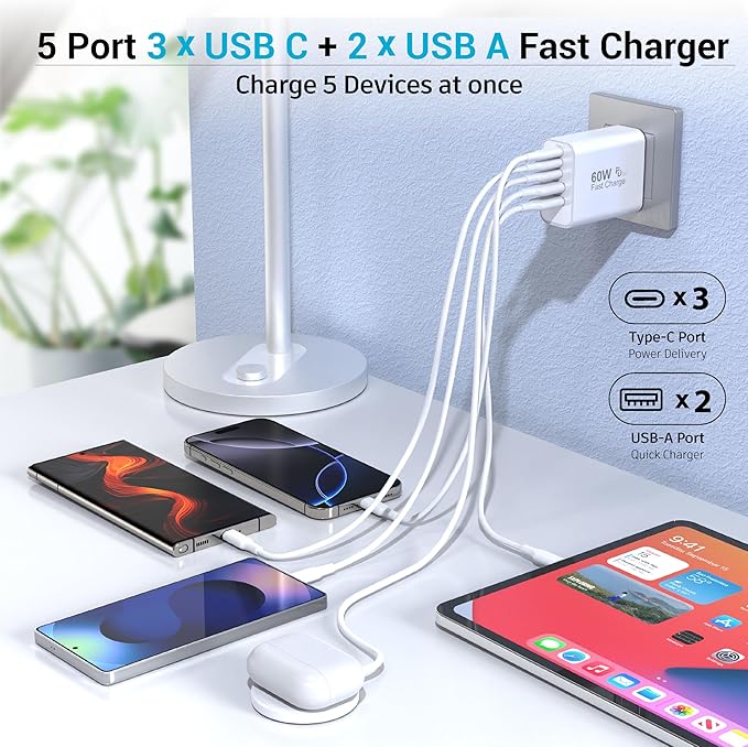 USB C Charger Block, 60W 5 Ports USBC Wall Charger Plug Fast Charging, iPhone Charger QC Multiport PD Adapter Chargers, Type C Box Brick Cube for iPhone 17 16 15 14 13 12 Pro Max,Samsung (White 1Pack)