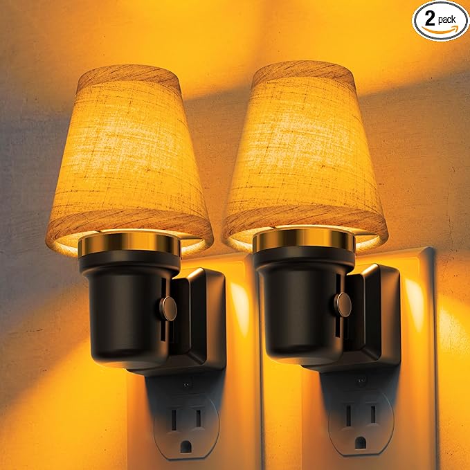 L LOHAS LED Night Lights Plug into Wall, 2 Pack Linen Fabric Round Platform Decor Night Light, Dusk to Dawn Sensor Vintage Nightlight, Amber Warm 0-100LM Dimmable, for Bedroom Living Room Hallway