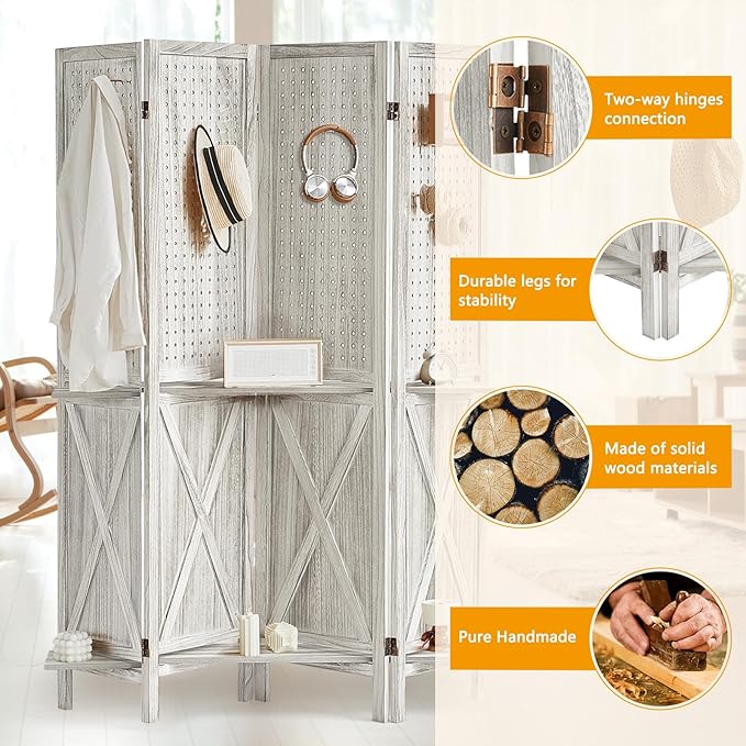 Aleesing 4 Panel Pegboard Display with 16 Hooks, Wooden Pegboard Room Divider Wall with Shelf, Partition Room Dividers and Folding Privacy Screens, Bedroom, Jewelry Store, White