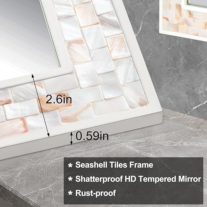 Tanmicoshomy 20x 28 Inch Rectangle Wall Mirror, Natural Shell Framed Rectangular Mirror for Bathroom, Vanity, Bedroom, Living Room, Entryway, Wall Mounted Horizontal or Vertical, White