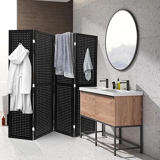 Babion 4 Panel Pegboard Display, Peg Board Room Divider Freestanding Folding Privacy Screens Display Stand for Craft Shows (Black)