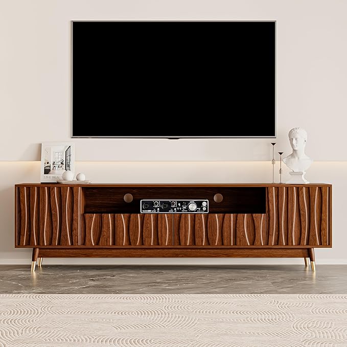 ATJafurn 78‘’ Brown Walnut Finish TV Stand for 65/75/85 Inch TVs, Mid Century Modern Wood Media Console Entertainment Center with 2 Drawers and 2 Cabinets for Living Room Bedroom