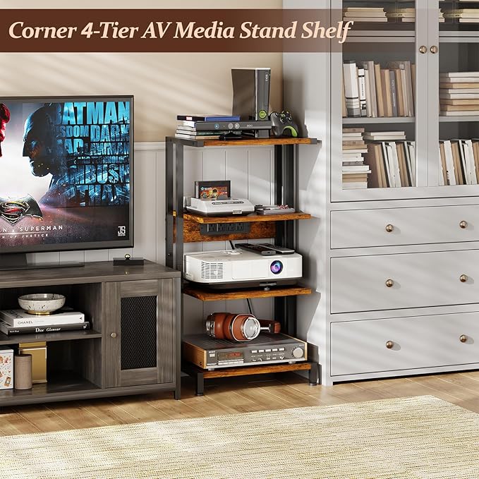 X-cosrack 16.5" Small 4-Tier AV Media Stand with Power Strips,Narrow Version Wooden Corner Shelf Stereo Cabinet Audio Rack Stand Tower for Small DVD Players Game Console TV Box Cable Box WiFi Router