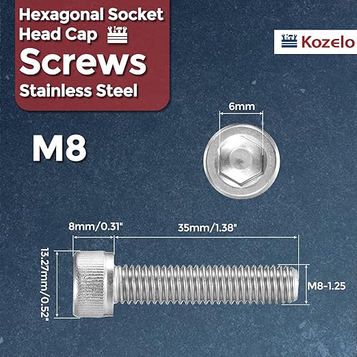 Kozelo 10pcs Socket Head Cap Screws - [M8-1.25 x 35mm] 304 Stainless Steel Allen Socket Drive for Electrical Motor 3D Printing Fan Engine Replacement Use, Silver
