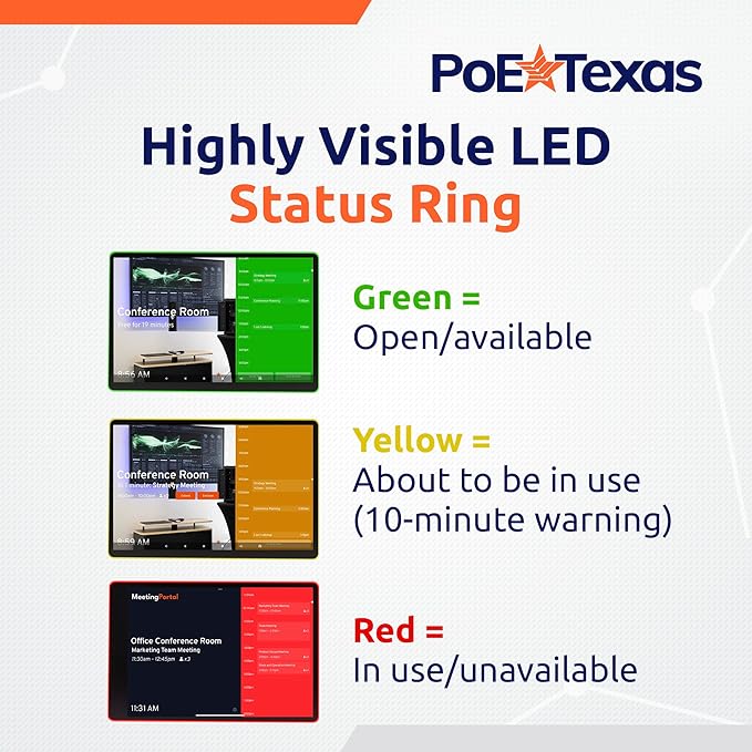 PoE Texas Low Profile 10-Inch Touchscreen Conference Room Scheduler PoE Tablet with Visible LED Status Ring and MeetingPortal App - Touch Screen Digital Display Syncs with Your Business Calendar
