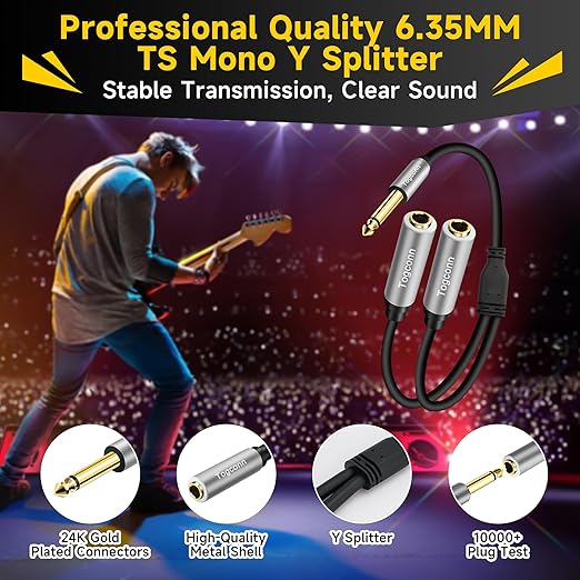 Togconn 2-Pack 1/4 inch TS Mono Splitter Y Adapter, 6.35mm Mono Male to Dual 6.35 mm TS Mono Female Jack, Quarter inch Audio Speaker Splitter Converter Cable 1 Feet, Gold Plated Connectors