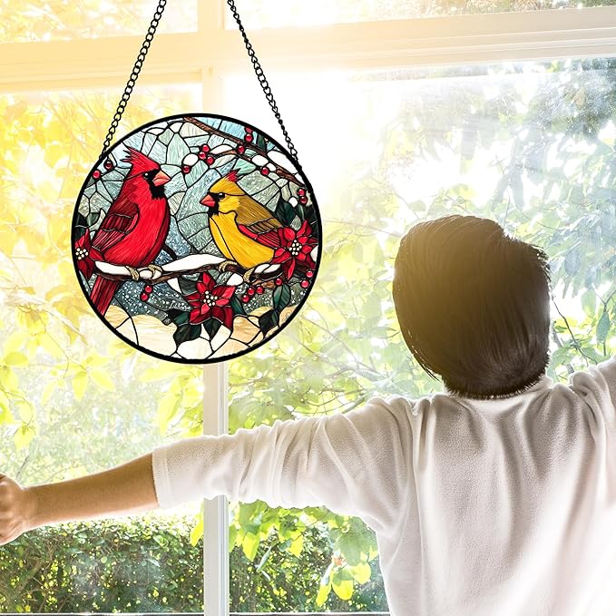 DASTOLL Stained Glass Window Hanging, Love Birds Cardinals Sun Catchers Colorful Glass Panel Birds Suncatcher Decor for Birthday for Women, Men, Wife, Lovers, and Mom 7.8 in