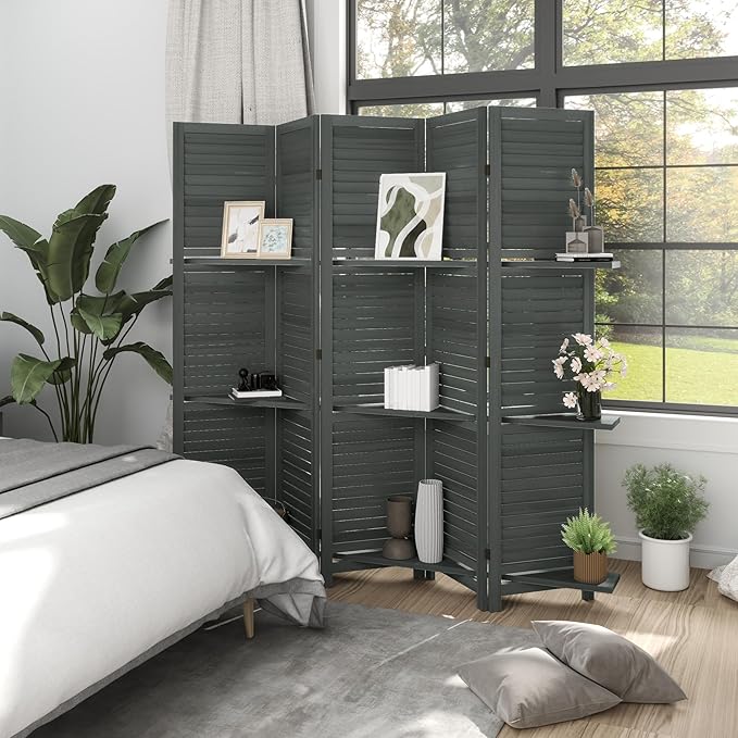 HOMCOM Room Divider, 5 Panel 67" Tall Wood Privacy Screen with 3 Display Shelves, and Folding Storage for Bedroom or Home Office, Gray