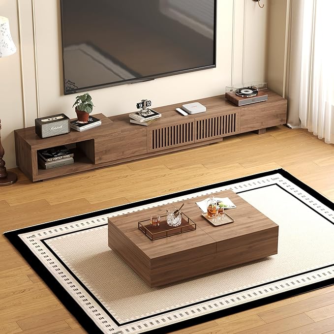 NessCarsti Mid-Century Modern TV Stand & Expandable Coffee Table Set, Walnut Finish, Stylish Storage Combo for Living Room or Bedroom (78.54“ to 103" TV Stand+Coffee Table)