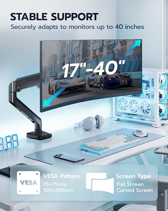 ARES WING Heavy Duty Single Monitor Arm - Fully Adjustable Monitor Mount for 40 34 32 27 Inch Ultrawide Screens Up to 26.4 lbs with Clamp/Grommet Desk Mount, 75/100 Vesa Mount, Black
