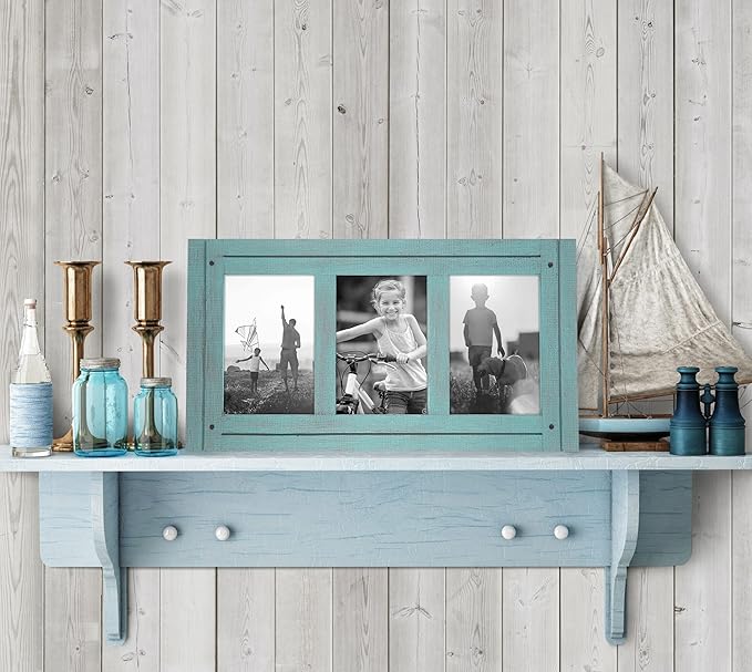 Americanflat Hinged 4x6 Triple Picture Frame with 3 Photo Openings and Polished Glass - Distressed Wood Collage Picture Frames for Tabletop and Wall Display - Hampton Collection - Turquoise Blue