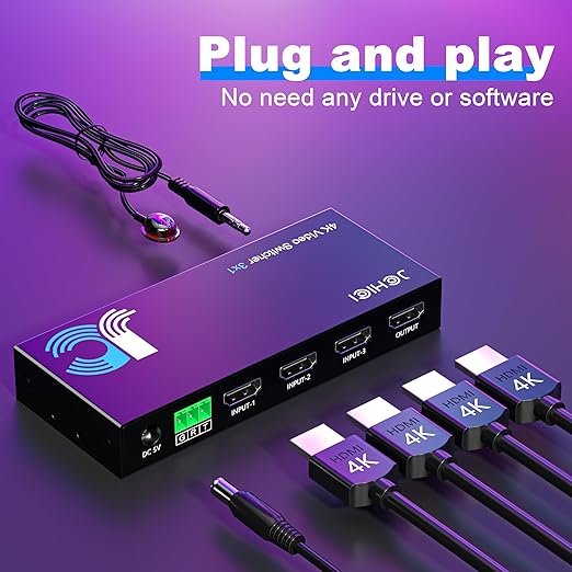 HDMI Switch 3 in 1 Out 4K@60Hz, 3Ports HDMI Switcher Splitter Selector with Remote, Support HDCP 2.2 HDR 10+ Dolby Vision/Atmos 18Gbps CEC for Apple TV Game PC PS4 5 Pro Xbox Roku