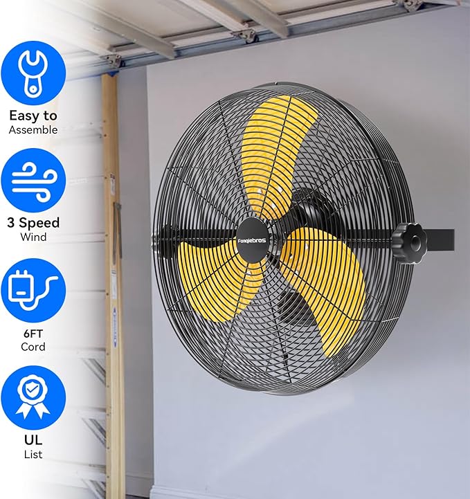 Fanqiebros 4580 CFM 18 inch High Velocity Wall Mounted Fan, 3-Speed Metal Fan with Sealed Motor, 360 Degree Tliting Heavy Duty Wall Fan for Patio, Barn, Garage, and Gazebo - UL listed