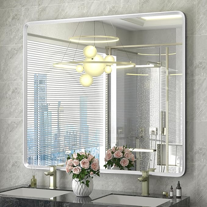 40x36 Inch Nickel Bathroom Mirror for Wall, Rounded Rectangle Silver Paint Framed Bathroom Vanity Mirror, Anti-Rust, Shatterproof, Hangs Horizontally or Vertically