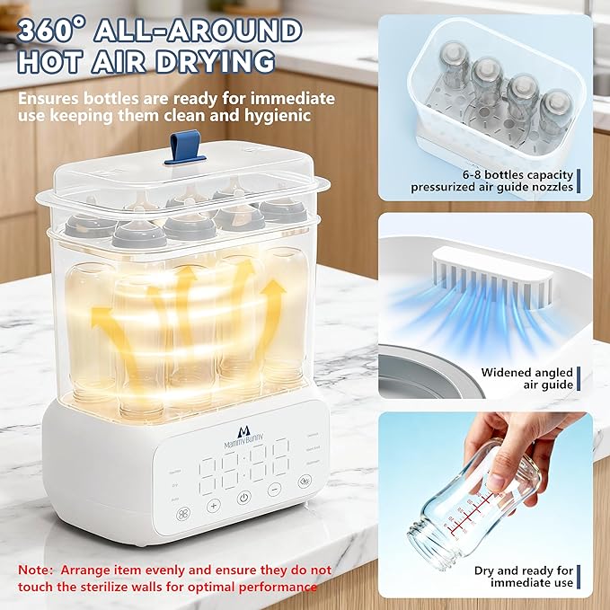 Mammy Bunny 3-in-1 Baby Bottle Sterilizer and Dryer – 6 Smart Modes with Fast Drying, Food Warmer & Storage – Fits 6–8 Bottles, Pacifiers & Pump Parts – BPA-Free
