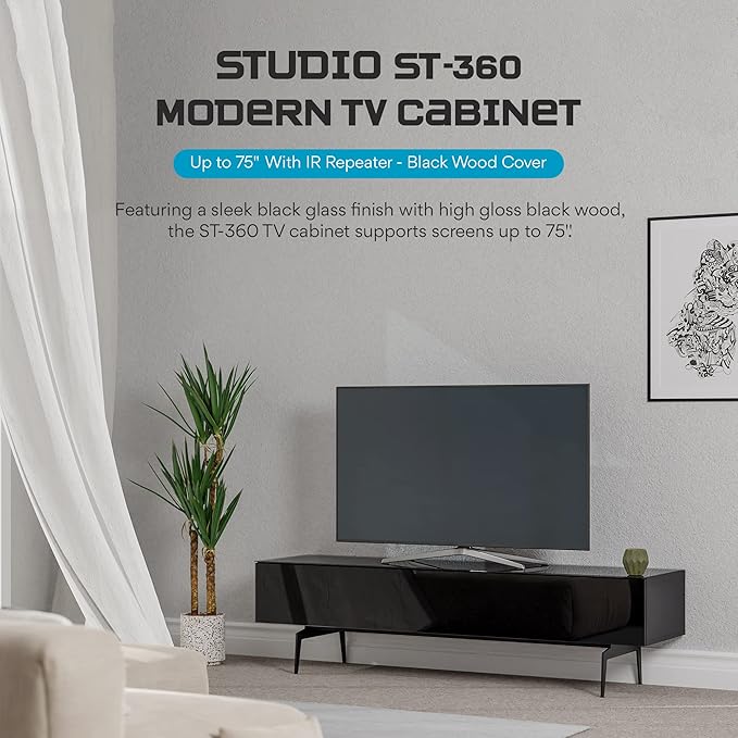SONOROUS ST-360 Premium TV Stand for Living Room – Modern TV Stands & Entertainment Center with Storage – Black Glass & Black Wood Cover – Luxury Media Console with Metal Legs for TVs up to 75 inches