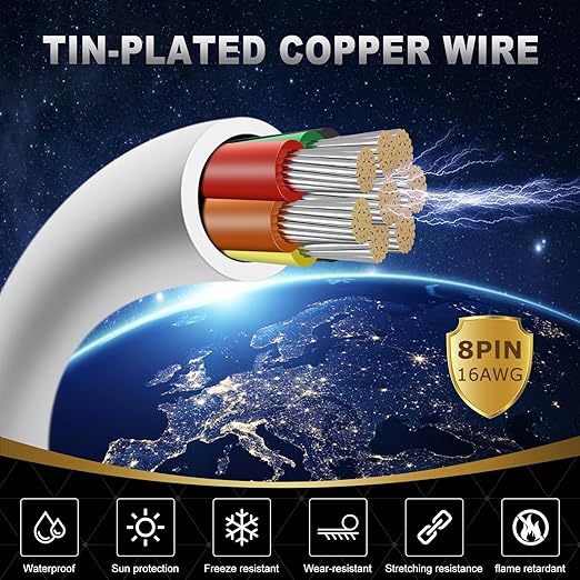 16 Gauge 8 Conductor Electrical Wire, 16.4FT White Stranded Low Voltage 16/8 PVC Case, 16 AWG Tinned Copper 8 Wire Extension Power for Strips LED Lamp Lighting