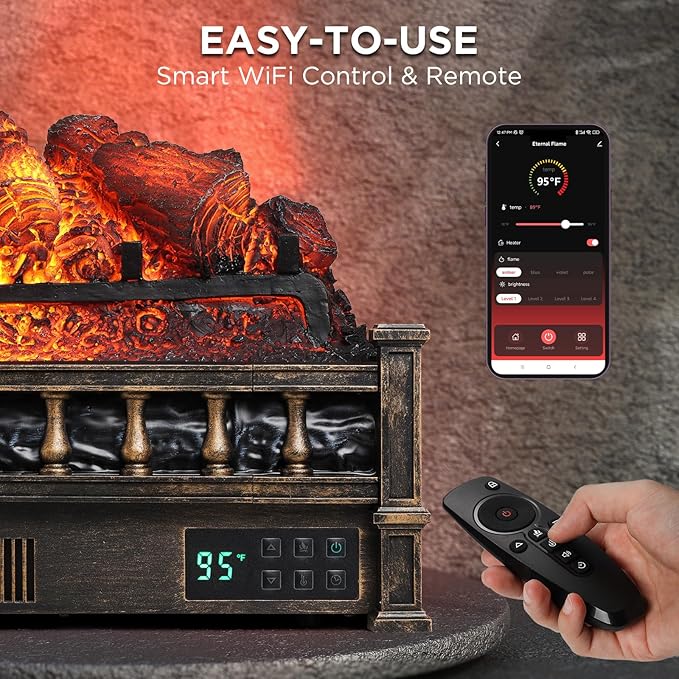 TURBRO Eternal Flame 26 in. WiFi Infrared Quartz Electric Fireplace Log Heater with Sound Crackling, Realistic Pinewood Logs, Adjustable Flame Colors, Remote Control, Thermostat, Timer, 1500W Bronze