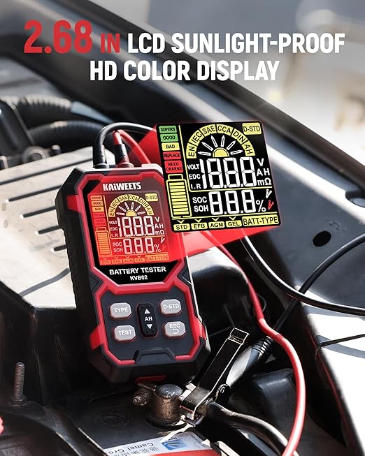 KAIWEETS Car Battery Tester, 12V/24V Automotive Battery Diagnostic Tool, 50-2000 CCA Load Capacity, Digital Battery Analyzer & Voltage Meter for Cars, Trucks, Motorcycles, SUVs, Boats & Marine Use