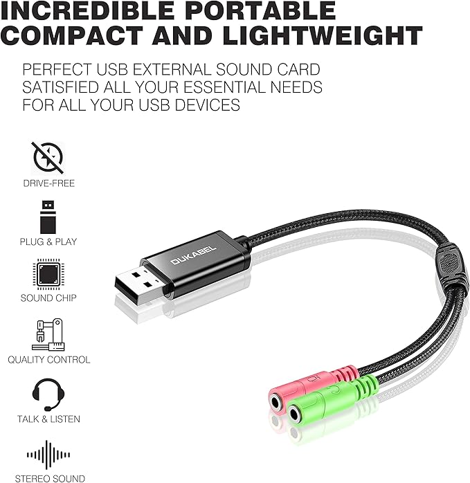 DuKabel USB to 3.5mm Jack TRS AUX Adapter for Built-in USB Sound Card with Separate Plug TRS 3 Pole Microphones [Metal Housing & Durable Braided / 9.8inch]