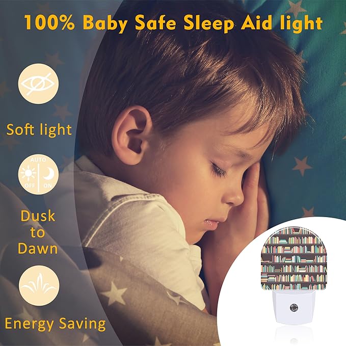 sndheke Books on Bookshelves Night Light, Colorful Books Dusk to Dawn Night Light Plug in,0.5w Energy Saving Sleep Friendly Nightlights for Kids Boys Girls Home Decor