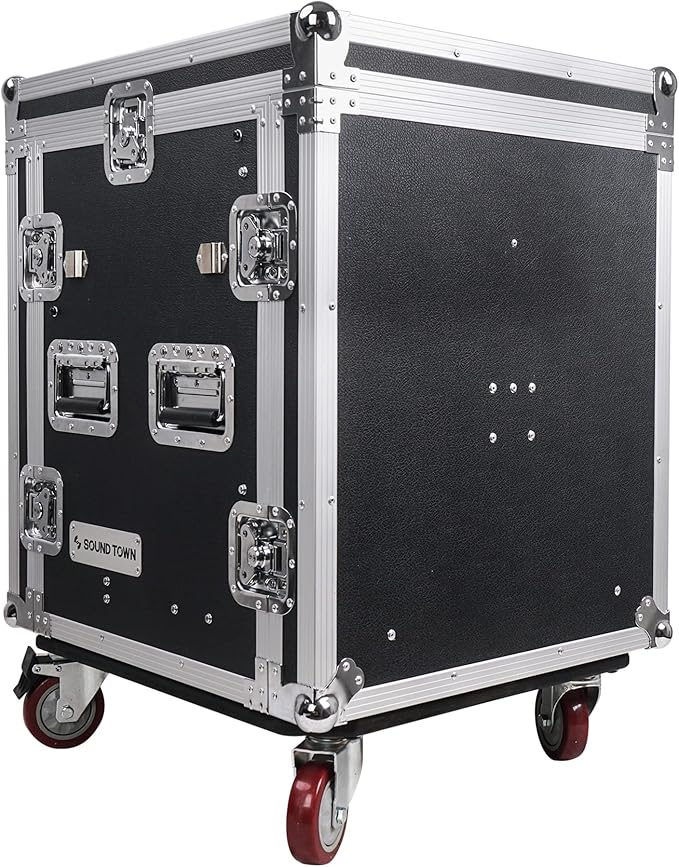 Sound Town 12U PA DJ Pro Audio Rack/Road ATA Case with 2U Drawer, 11U Slant Mixer Top, DJ Work Table, Casters, Pro Tour Grade (MR-DR12UT)