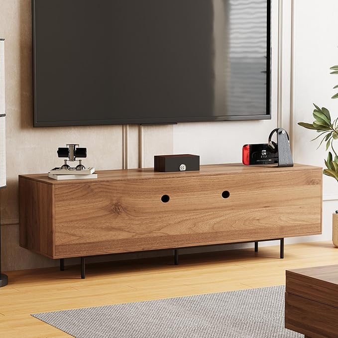gaoyangjiaju 70.87" Mid Century Modern TV Stand, Walnut Media Console for 70 Inch TVs, Entertainment Cabinet with 4 Storage Compartments for Living Room or Bedroom