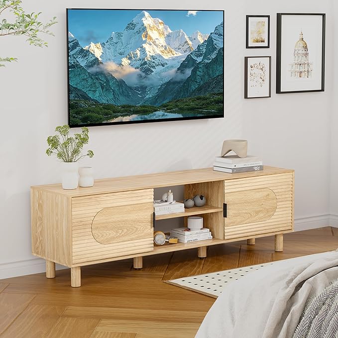 Bifins 63inch Wood TV Stand for Televisions up to 70 Inches,Mid Century Modern Entertainment Center TV Console Table with Storage and Shelf for Living Room Bedroom (Natural Oak)