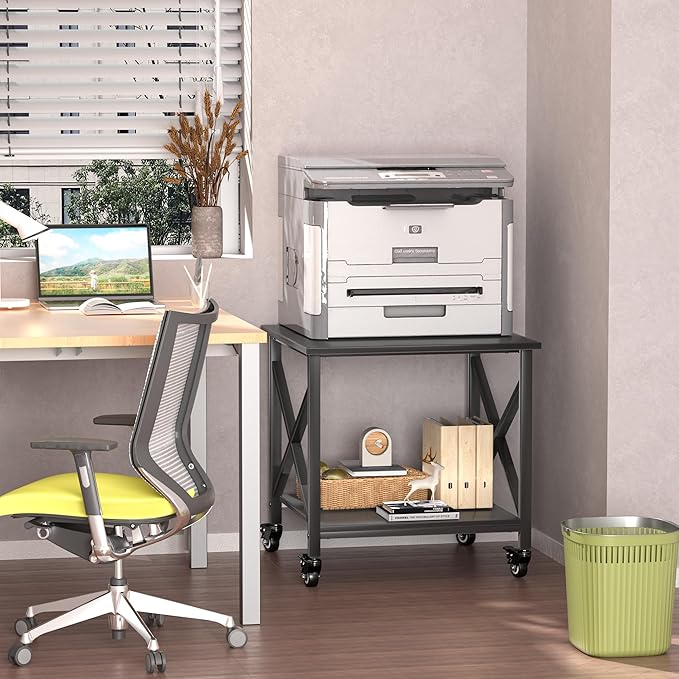 TQQDCI Printer Stand, 23.6 x 23.6 Inches Large Printer Stand with Storage Shelf, 2 Tier Printer Table for Home Office, Rolling Printer Cart with Industrial Wheels, Mini Fridge Stand Table, Black
