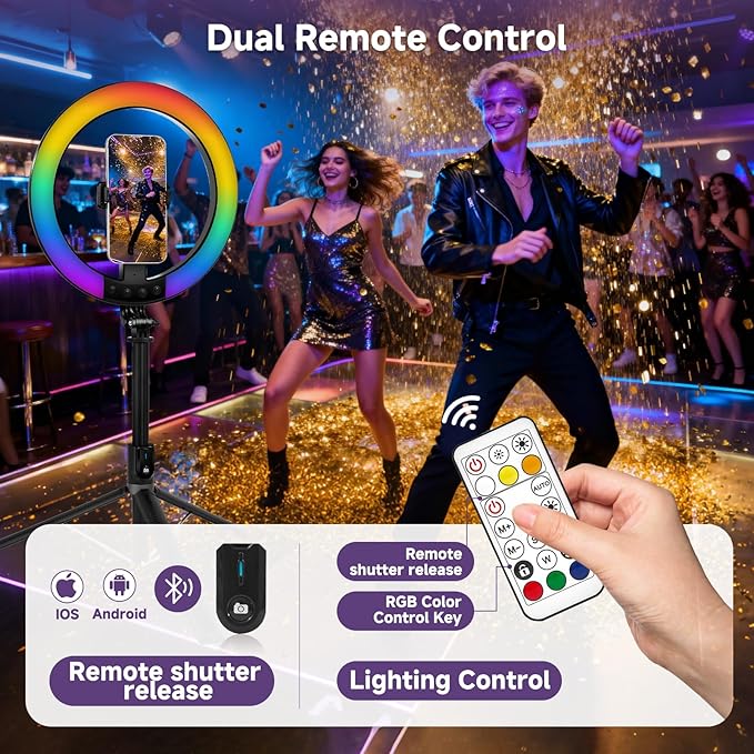 10" Ring Light with Stand 74'' Tall & Phone Holder, RGB Full Color Modes Selfie - Image 6