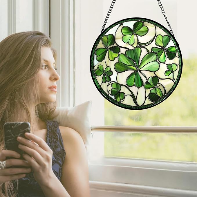 CRISGIF Stained Glass Window Hanging - Ireland Green Lucky Clover Suncatcher for Doors Garden St. Patrick's Day Sun Catchers Decor Mother's Day Birthday for Women Men Mom Nana 9.8 in
