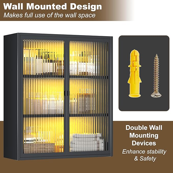 Bathroom Wall Cabinet Over Toilet, Metal Laundry Room Cabinets Wall Mounted, Metal Medicine Cabinets with Glass Doors, Hanging Wall Cabinets for Living Room, Black