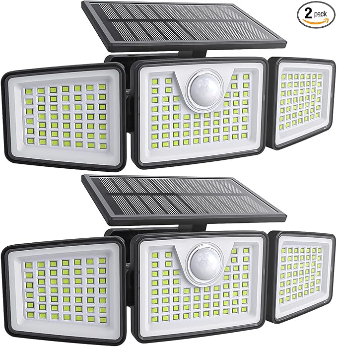 daphino 2500LM Solar Lights Outdoor with Motion Sensor,3 Head 270° Wide Angle Street Area Lights,IP65 Waterproof Security Lighting with 3 Modes(Remote,2 Pcs)