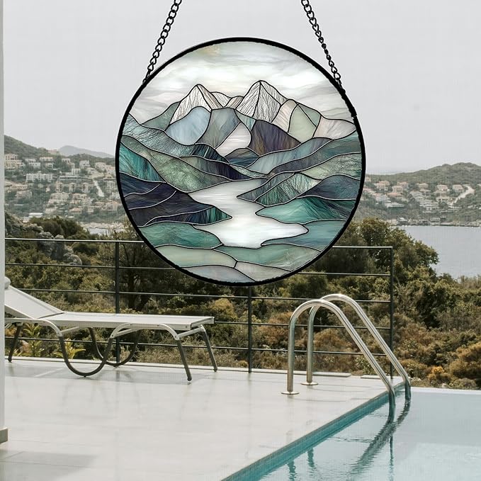 AMDERVEN Stained Glass Window Hanging 4 Pcs Set Mountain River Landscape 6.3" - Suncatcher Door Garden Sun Catcher Decor Birthday Mother's Day for Mom Woman Nana Girl Boy Friend