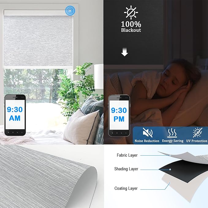 COOLWINDS Motorized Blinds with Remote Cordless Automatic Motorized Shades Custom Blinds for Windows Smart Curtains Compatible with Alexa Google Home(Blackout Jacquard Grey,W34 x H72in)