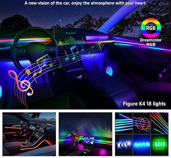 Acrylic Interior Car LED Strip Lights, Colorful 18-in-1 Car Ambient Lighting Kit, with Wireless APP Control, 622 LED Fiber Optic Strip Lights for Cars, Supports Neon Sync with Music DIY Mode.
