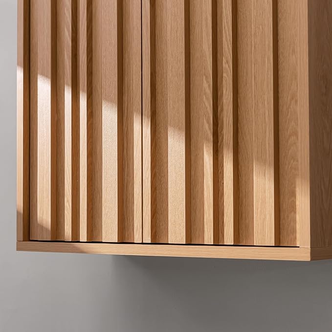 Fluted Wall Cabinet for Bathroom, Modern Wood Hanging Storage Organizer with Push-to-Open Doors, Sturdy 15mm Thick Board, Adjustable Shelves, Over Toilet Medicine Cabinet, Natural Oak Finish