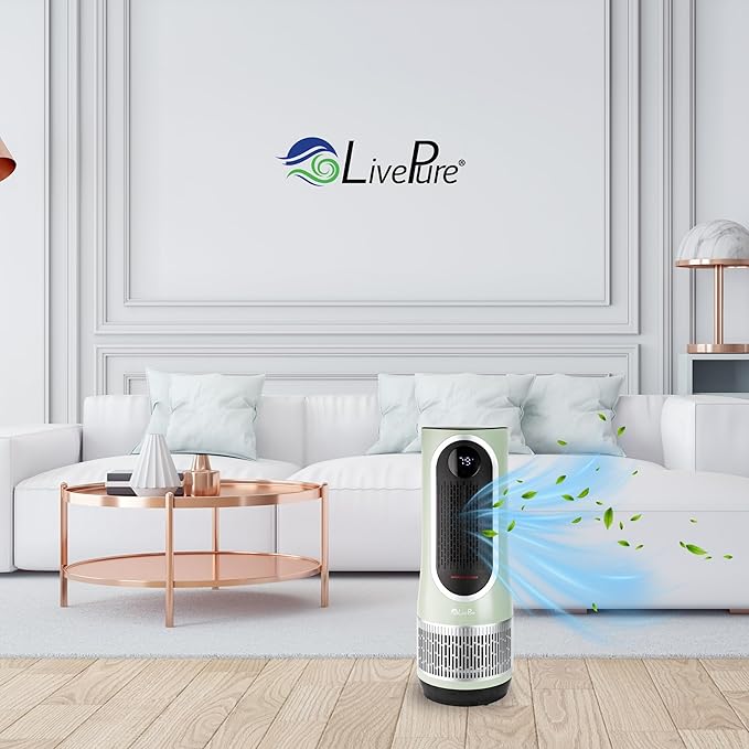 LivePure 3-in-1 LP520 Clean Heat Air Purifier & Electric Heater – Oscillating Portable Heater with 2 Heat Modes and Air Filtration – Heater for Indoor Use in Bedrooms, Home Office & Apartments, Sage
