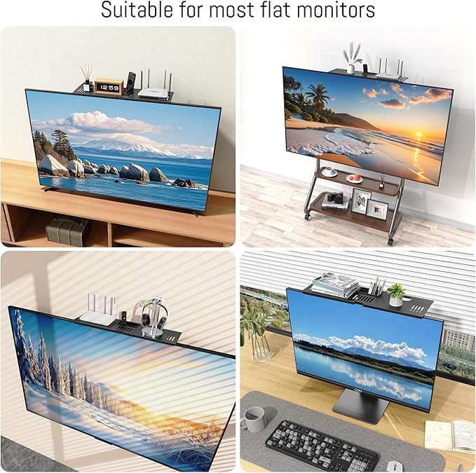 Adjustable Steel TV Top Shelf, Floating TV Stand with Storage Boxes, Universal Monitor Shelf for Soundbar, Game Console, Cable Box, Router Shelves and Home Accessories