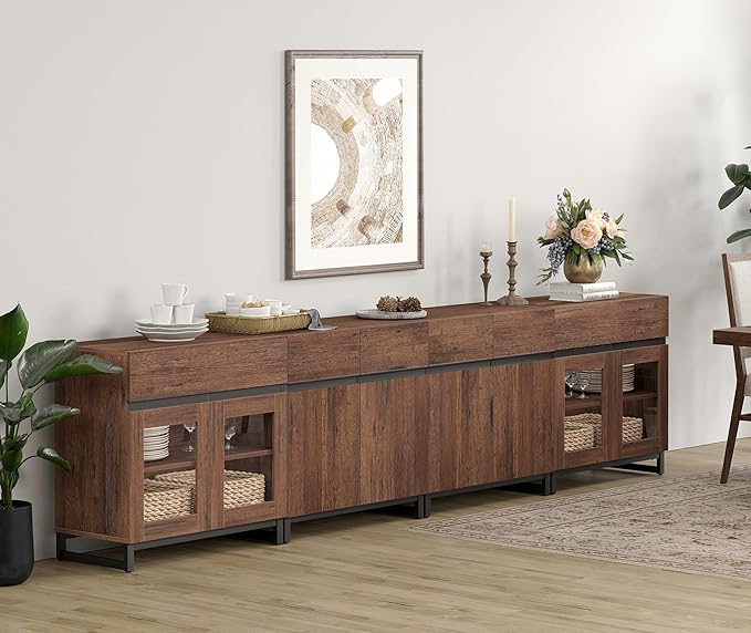 WAMPAT Modern TV Stand for TVs up to 120 inch, 4 in 1 TV Console with Glass Doors and 2 Drawers, Entertainment Center with Adjustable Shelf for Living Room, Bedroom, Brown