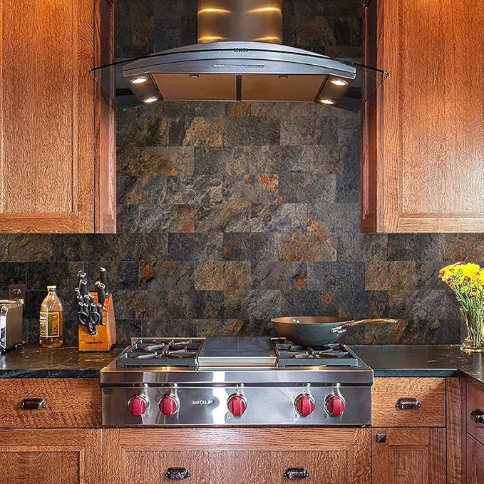 AULIGET 100 Piece Rust Slate Peel and Stick Backsplash Wall Tiles, 3" x 6" PVC Faux Stone Stick on Tiles for Backsplash Kitchen, Bathroom, Laundry Room, Camper, Fireplace
