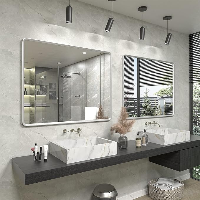 48x36 Inch Silver Bathroom Mirror for Wall, Silver Metal Framed Bathroom Vanity Mirror, Modern Rounded Rectangle Mirror, Shatterproof, Anti-Rust (Horizontal/Vertical)