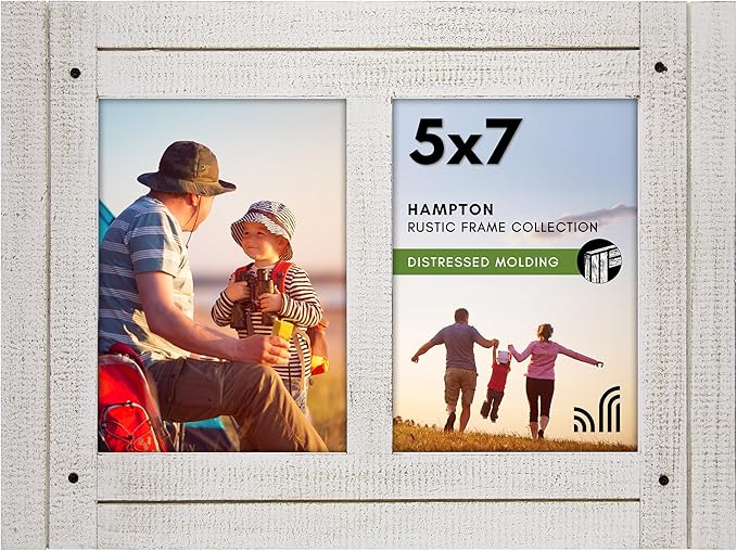 Americanflat Hinged 5x7 Double Picture Frame with 2 Photo Openings and Polished Glass - Distressed Wood Collage Picture Frames for Tabletop and Wall Display - Hampton Collection - Aspen White