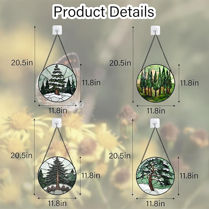 AMDERVEN Stained Glass Window Hanging 4 Pcs Set Forest Green Trees Winter Snow Large 11.8" - Suncatcher Door Garden Sun Catcher Home Decor Birthday Mother's Day for Woman Nana Mom Men