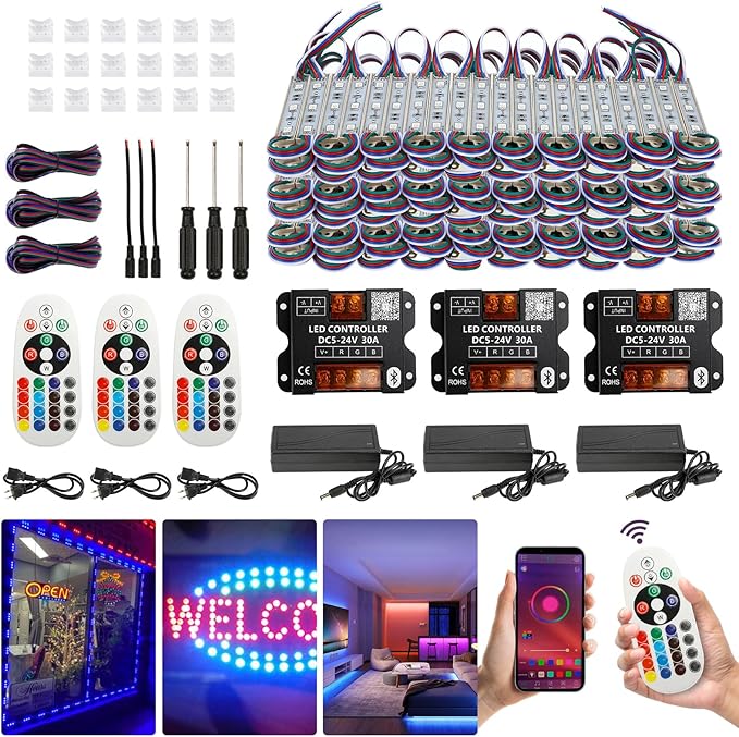 POWLAB 120Ft SMD5050 RGB storefront led lights with Smart Control, 240 LEDs Super Bright Waterproof led rgb module lights for Storefront Window Display, Business Signs, Letter Advertising, Dual Remote