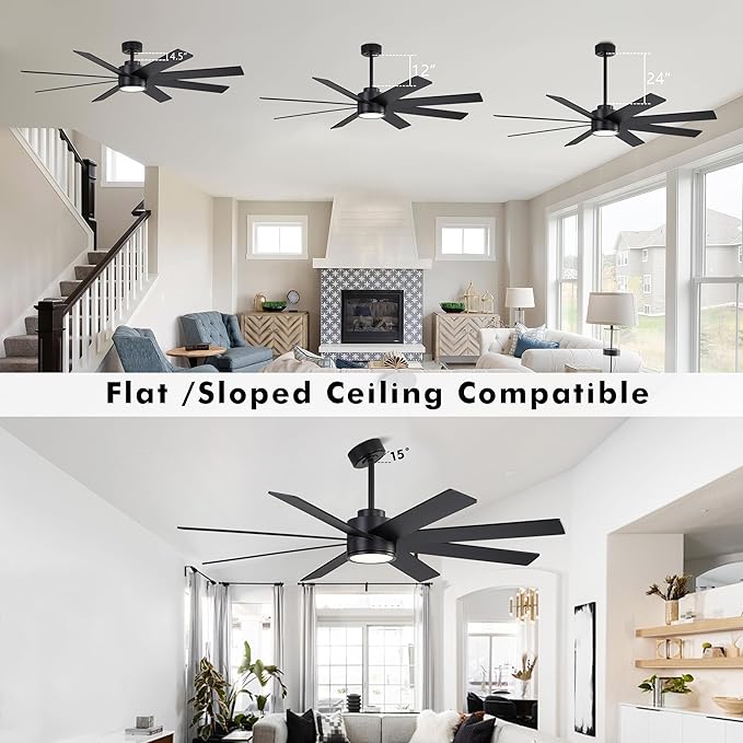 WINGBO 60" Large DC Ceiling Fans with Lights and Remote, 3 Downrods, 8 Plywood Blades, 6-Speeds Reversible DC Motor, 3CCT, Indoor Ceiling Fan for Bedroom Living Room Patio, Black